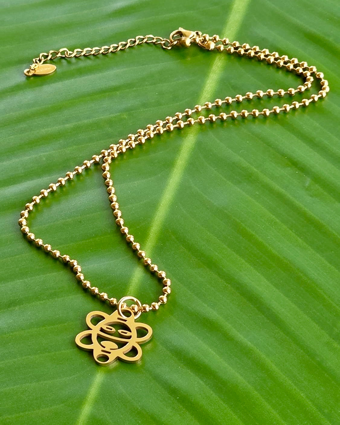 Sol Taíno symbol pendant necklace on stainless steel ball chain, 18-inch length