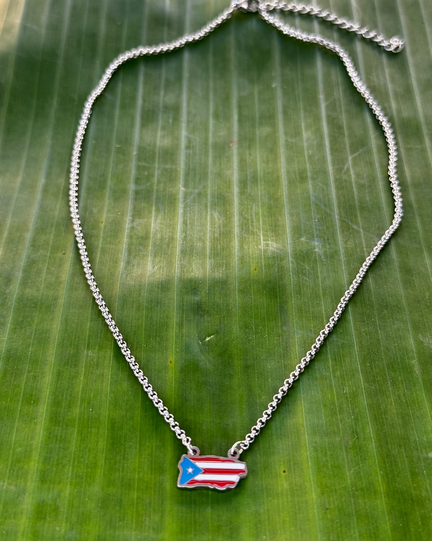 18-inch stainless steel necklace with colorful Puerto Rico map pendant