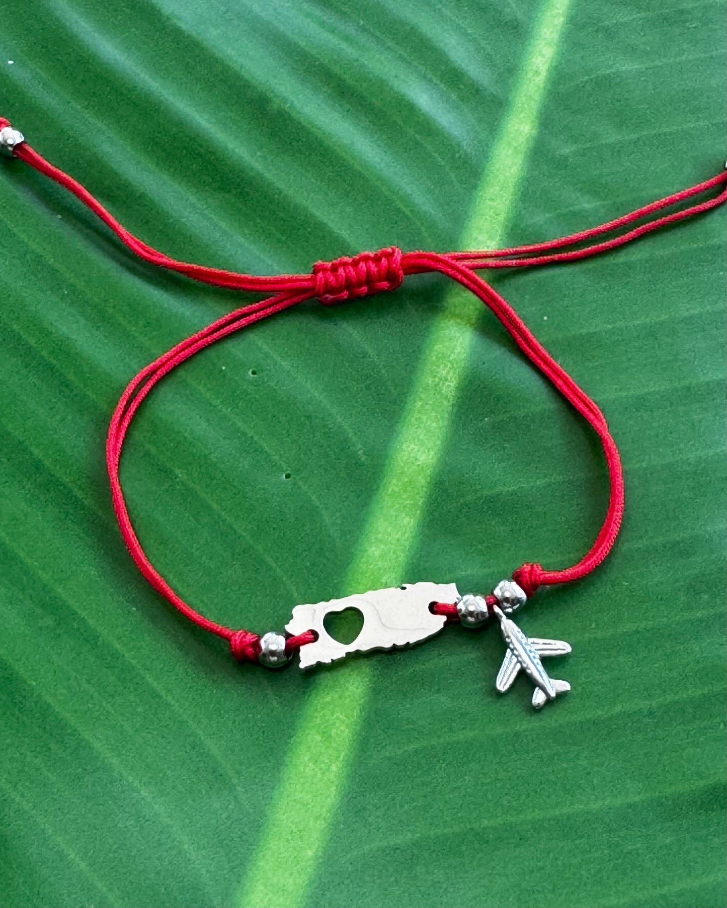 Adjustable Red String Bracelet with PR Heart & Plane Charms