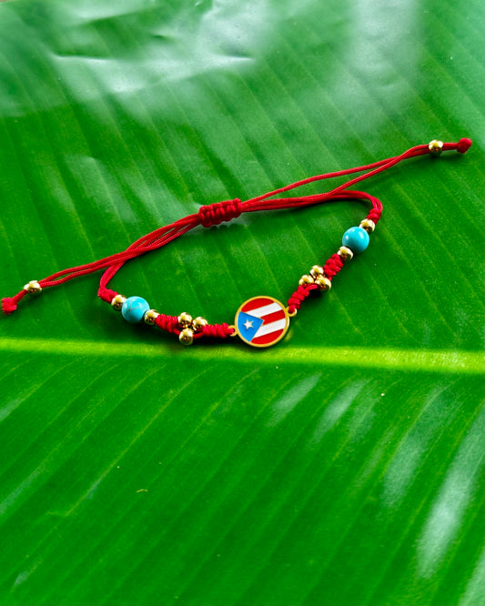 Puerto Rico flag adjustable bracelet with turquoise and gold or silver stainless steel beads, red string closure.