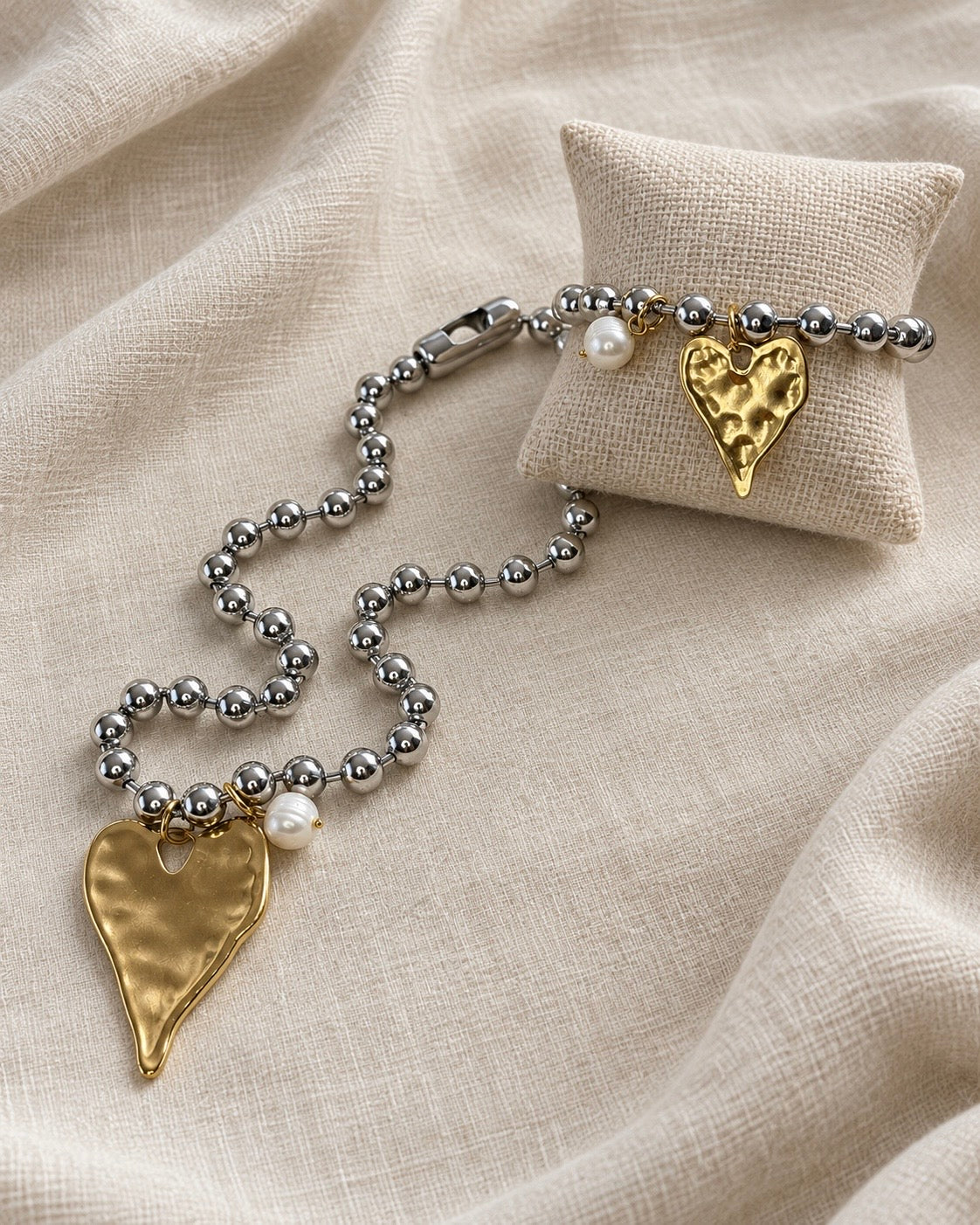 Two-Tone Stainless Steel Heart & Pearl Bracelet