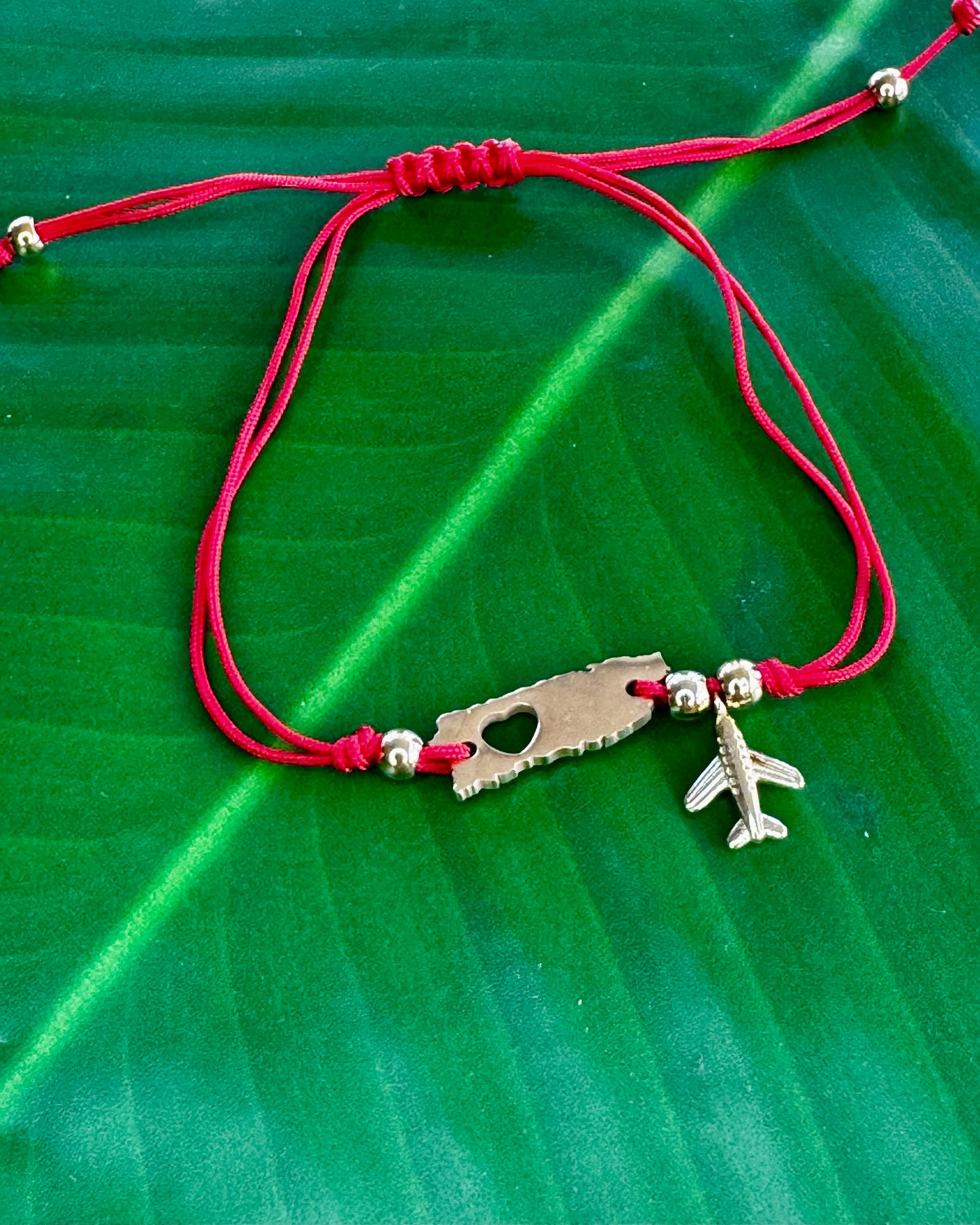Adjustable Red String Bracelet with PR Heart & Plane Charms
