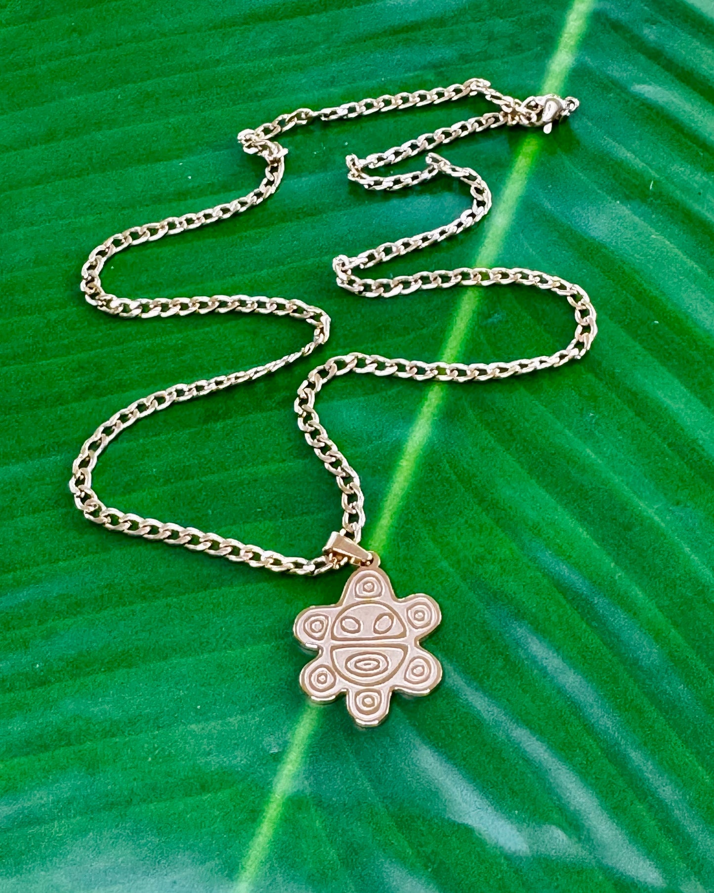 20-inch stainless steel necklace with a Sol Taíno charm in gold or silver, symbolizing Puerto Rican Taíno culture and heritage