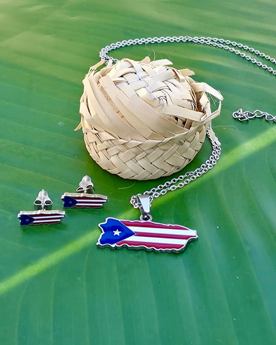 Puerto Rico necklace and earring set in stainless steel, available in gold and silver tones.