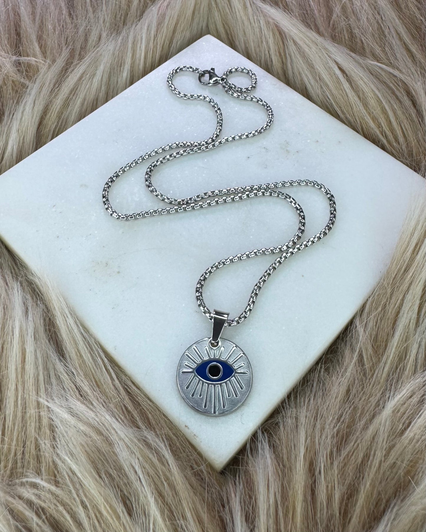 Blue Stainless Steel Evil Eye Necklace