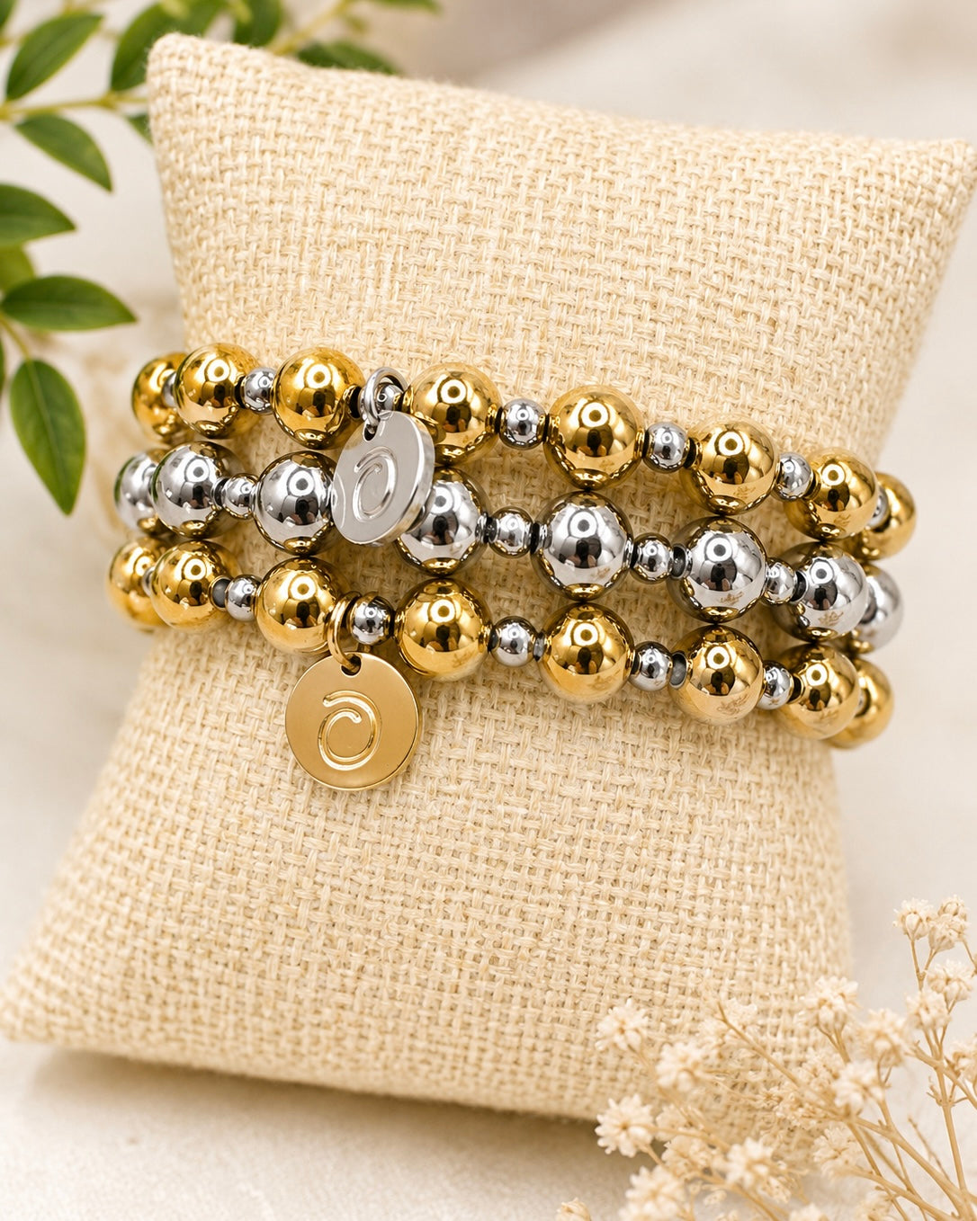 Two-Tone Stainless Steel Bead Bracelet – Gold & Silver | Stretch Fit