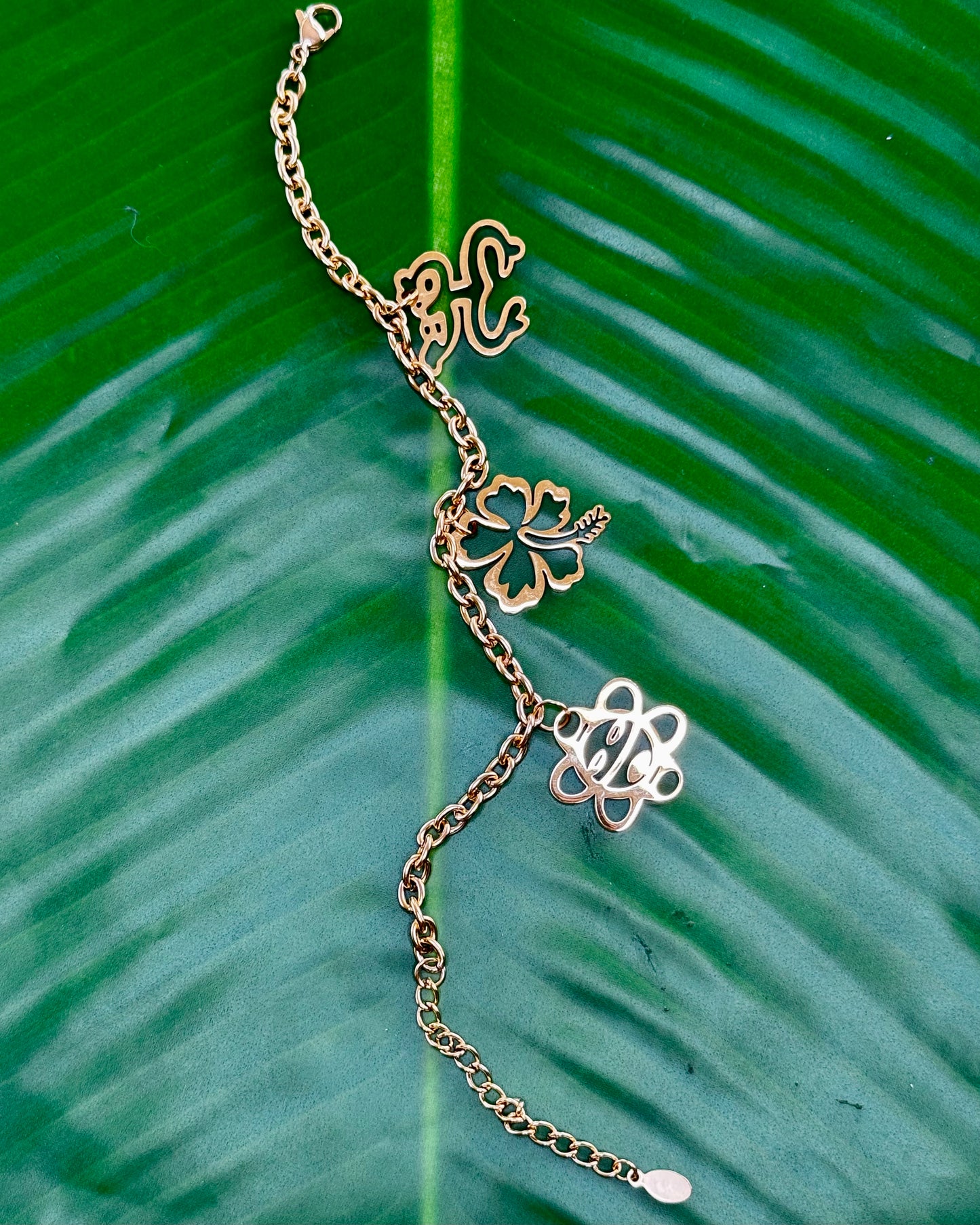 Stainless steel bracelet with Coquí Taíno, Flor de Maga, and Sol Taíno charms in gold or silver.