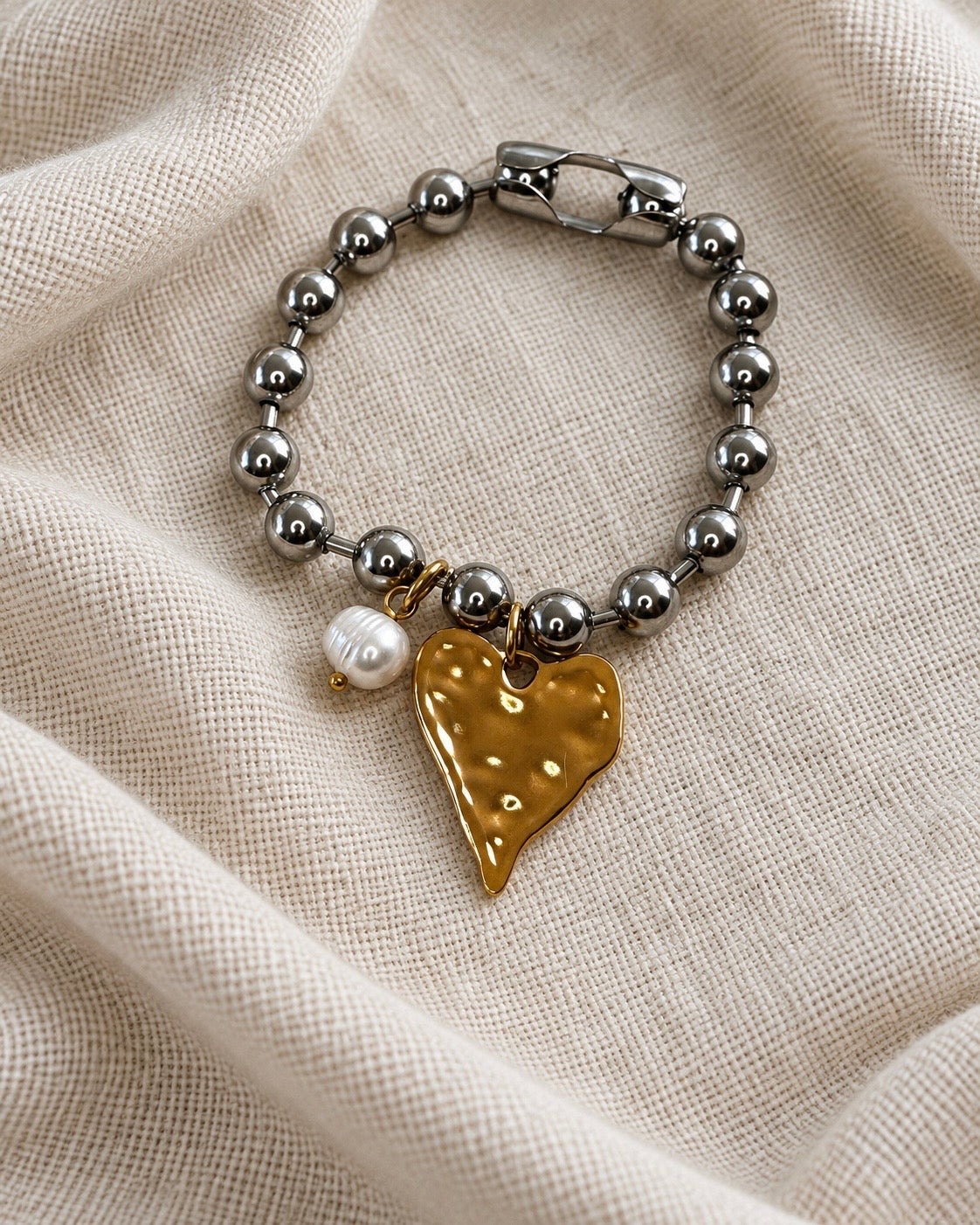 Two-Tone Stainless Steel Heart & Pearl Bracelet