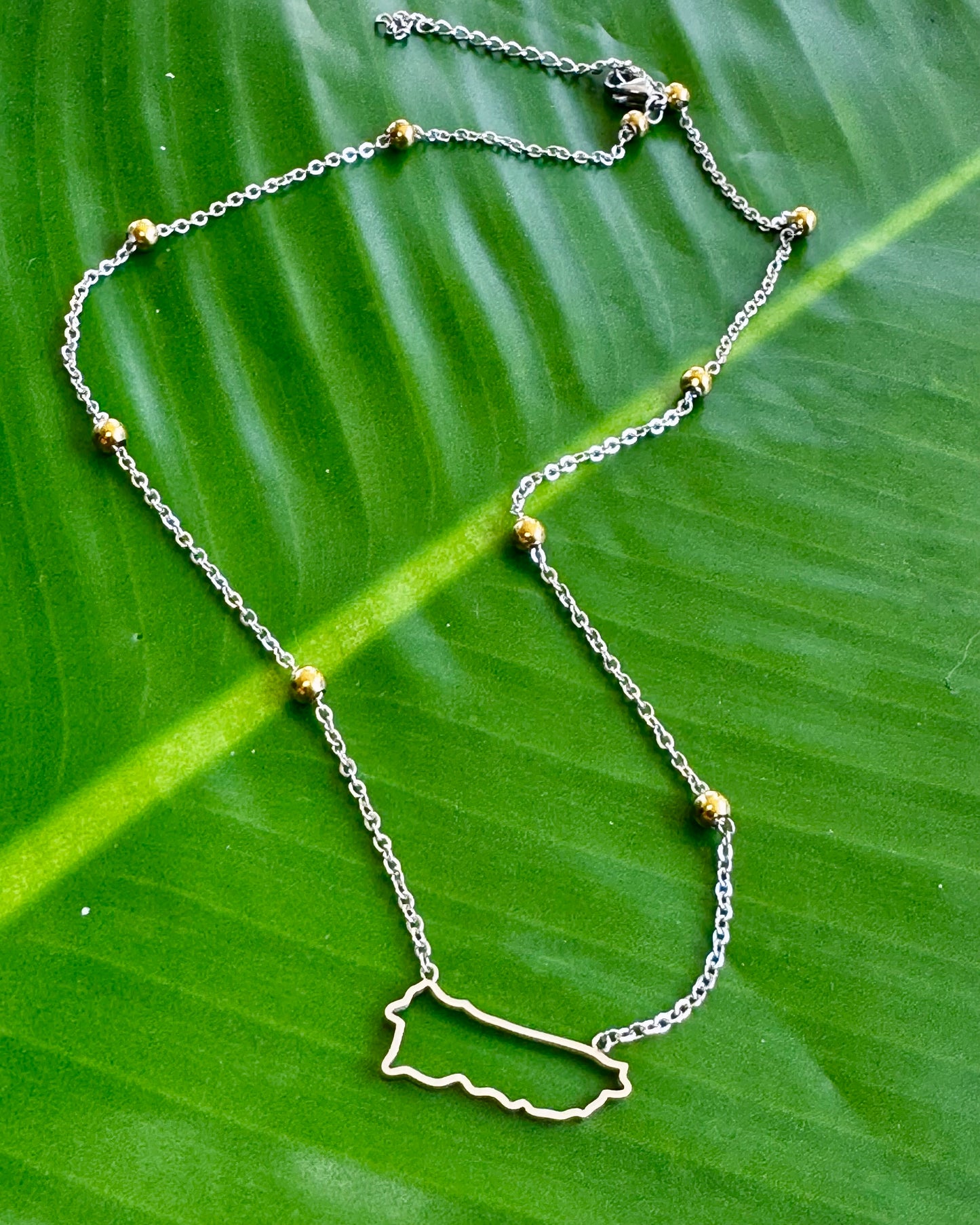 Puerto Rico Silhouette Two-Tone Stainless Steel Necklace with Gold Beads – 17”