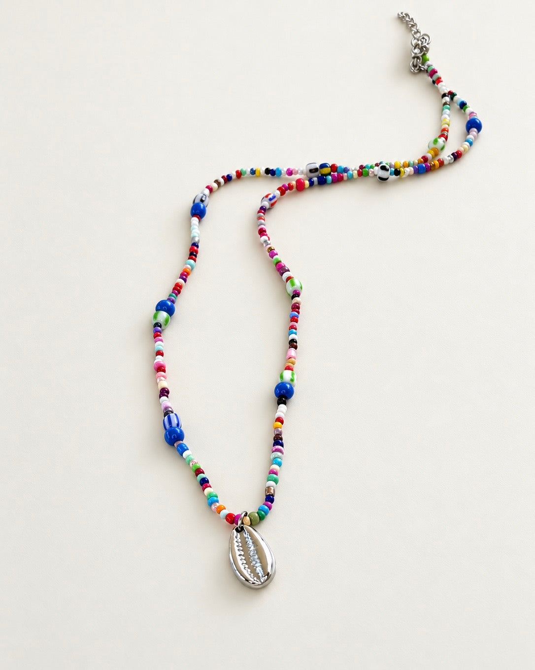 Multicolor Beaded Necklace with Stainless Steel Shell Pendant