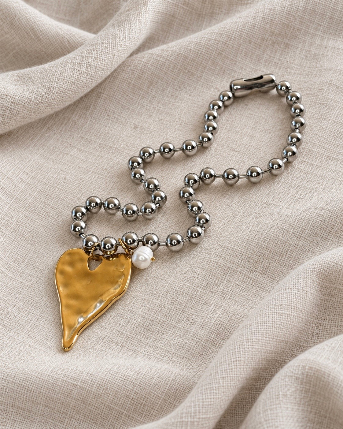 Two-Tone Stainless Steel Heart & Pearl Necklace