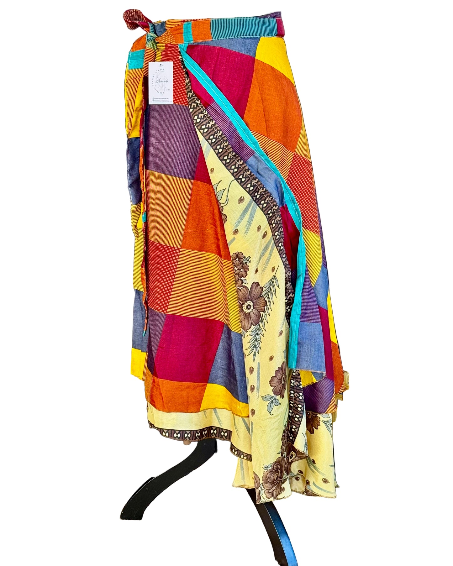 Two-layer wraparound skirt in lightweight polyester with colorful boho prints