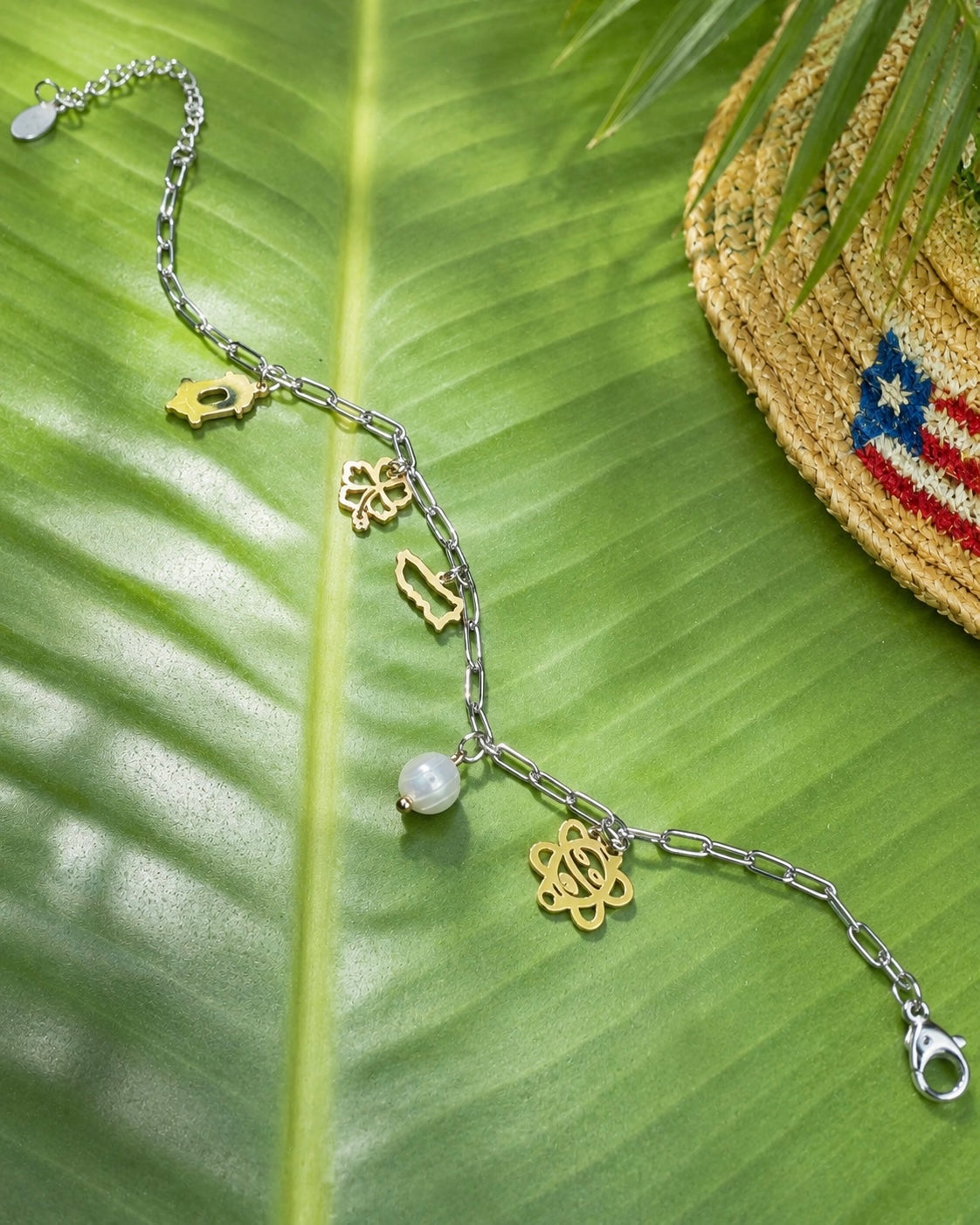 Two Tone Puerto Rico Charm Pearl Bracelet