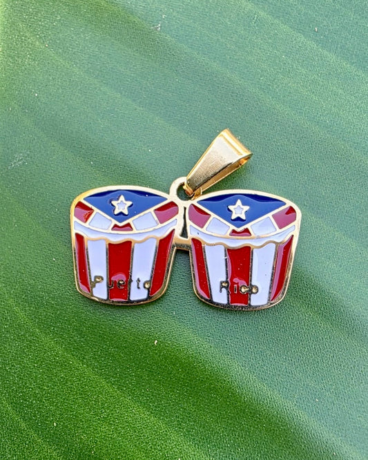 Puerto Rico flag bongo drum charm in polished gold stainless steel