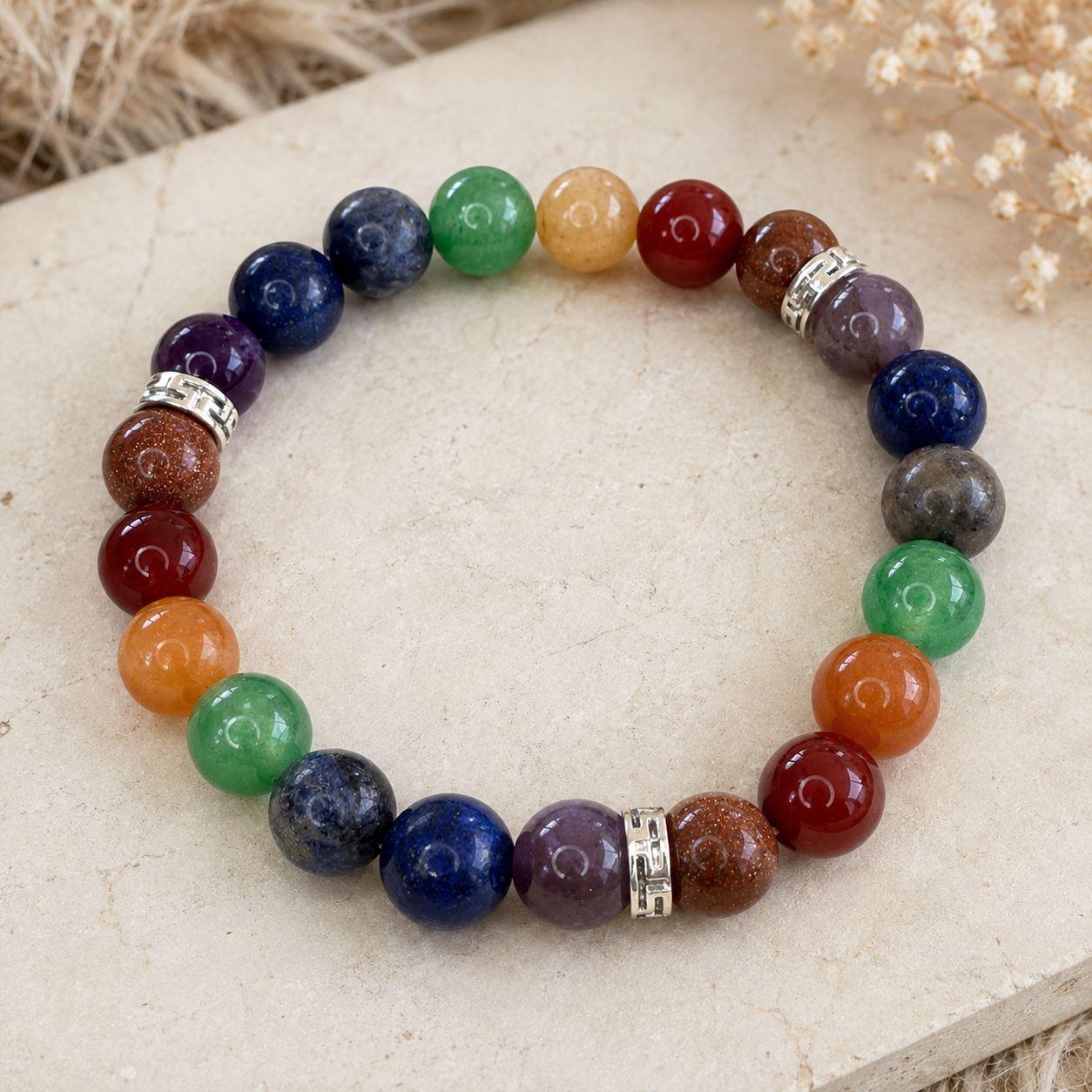 Chakras 8mm Sphere Bracelets with Silver Beads