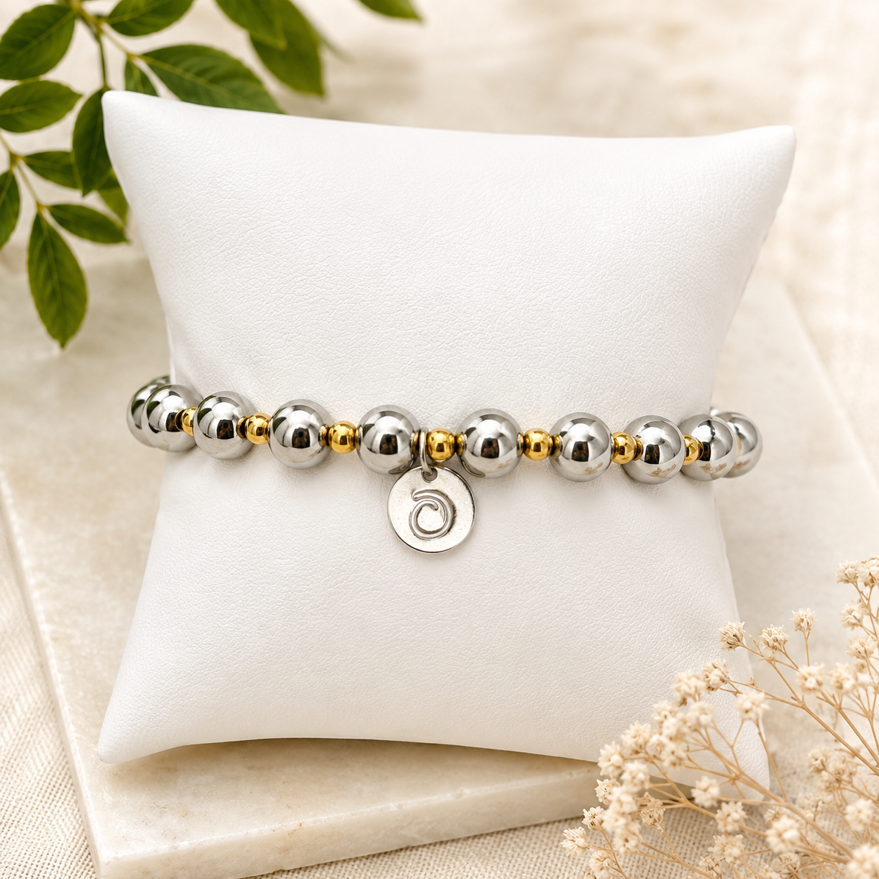 Two-Tone Stainless Steel Bead Bracelet – Gold & Silver | Stretch Fit