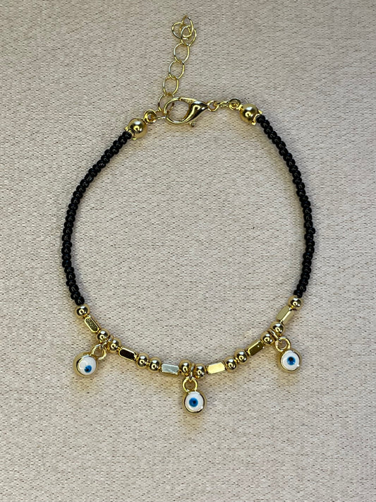 Three Evil Eye 🧿 Gold Plated Black Bracelet