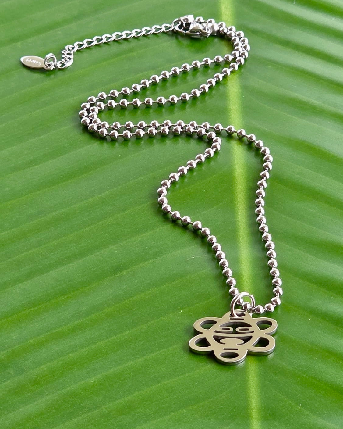 Sol Taíno symbol pendant necklace on stainless steel ball chain, 18-inch length