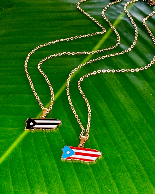 17½-inch stainless steel necklace with Puerto Rico charm in black/gold, gold/gold, or gray stainless steel, celebrating Puerto Rican pride