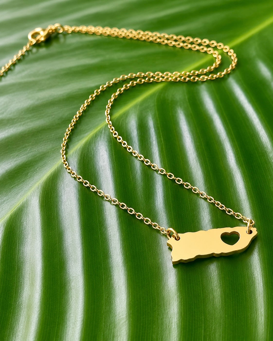 Puerto Rico Map Necklace with Heart – Stainless Steel (17”)