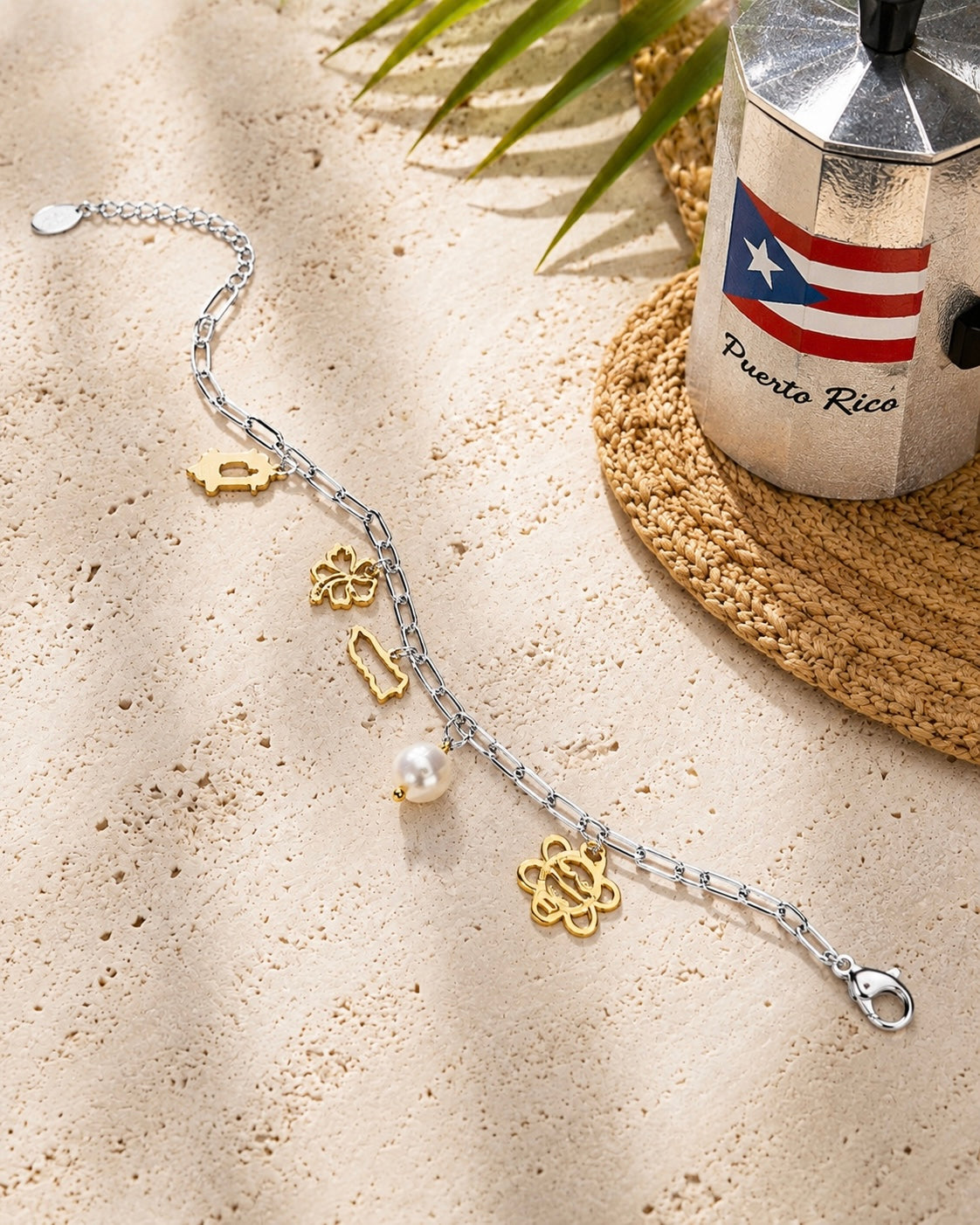 Two Tone Puerto Rico Charm Pearl Bracelet