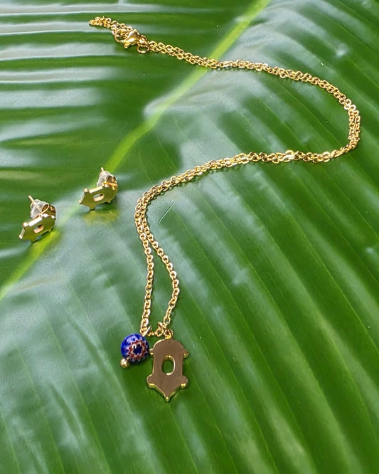 Gold Stainless Steel Necklace Set with Garita Charm & Murano Bead