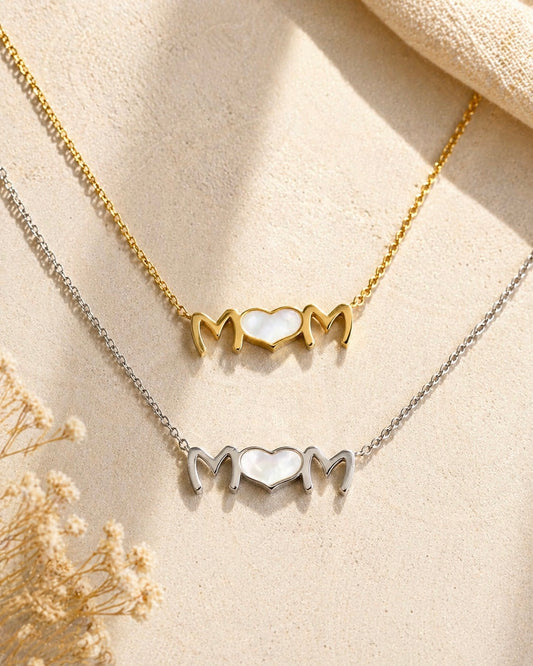 Elegant “Mom” Stainless Steel Necklace with Mother-of-Pearl Heart