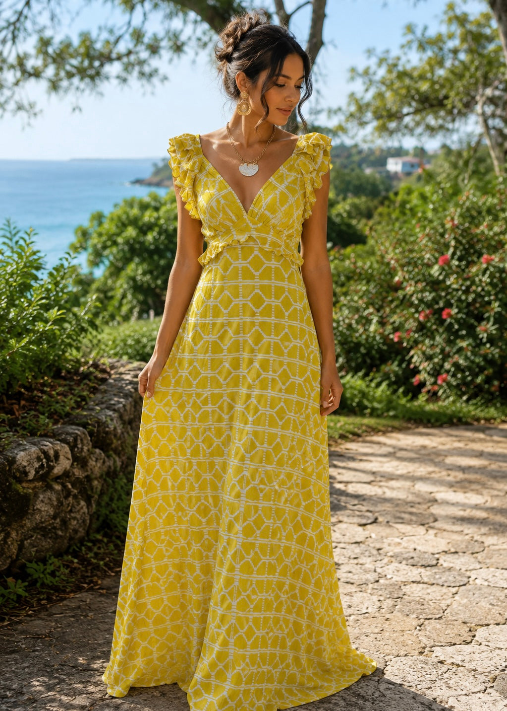 Long Dress Summer- Coral & Yellow