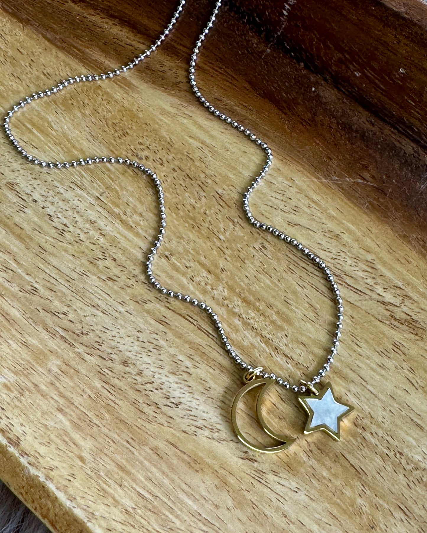 Celestial Moon & Star Necklace – 16" Gold Stainless Steel