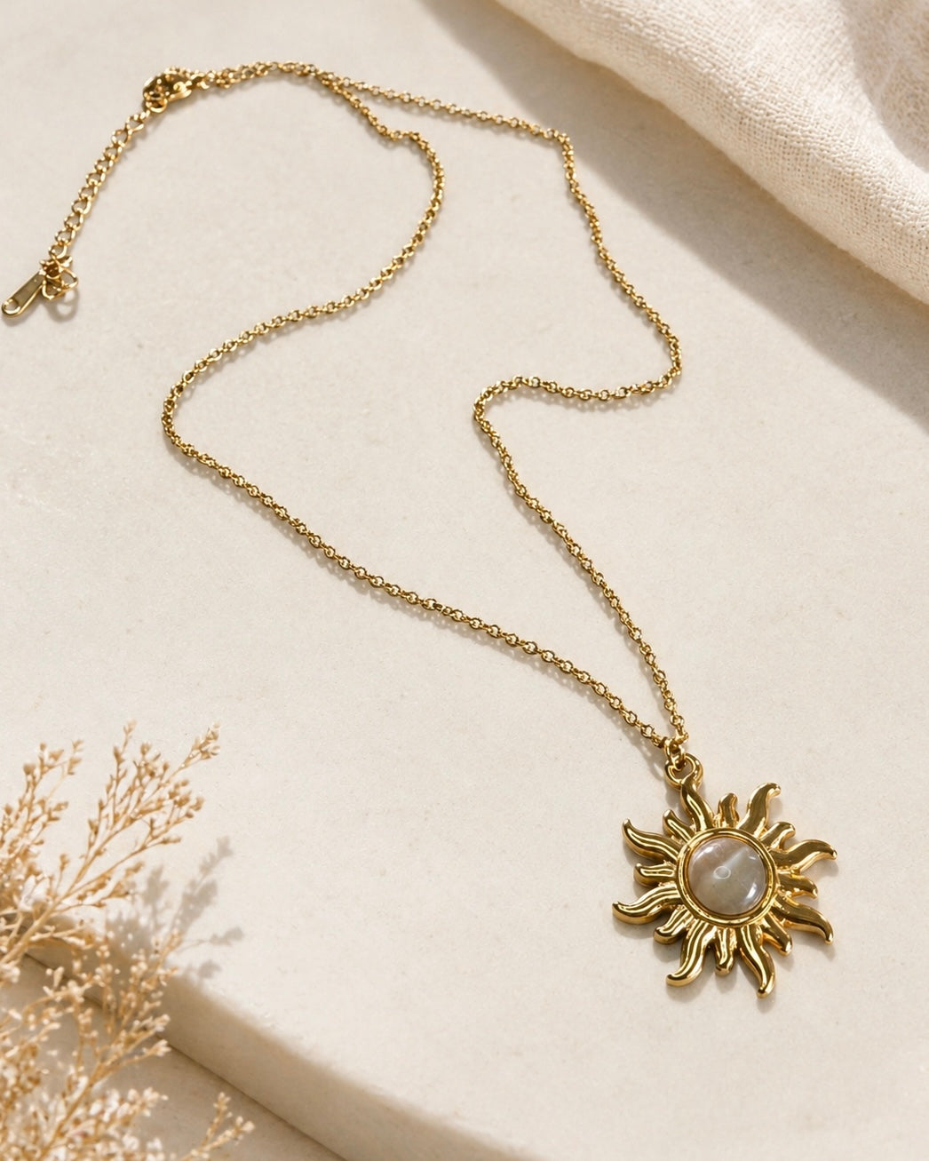 Solara Sun Necklace – Gold Stainless Steel Sun Pendant (16”)