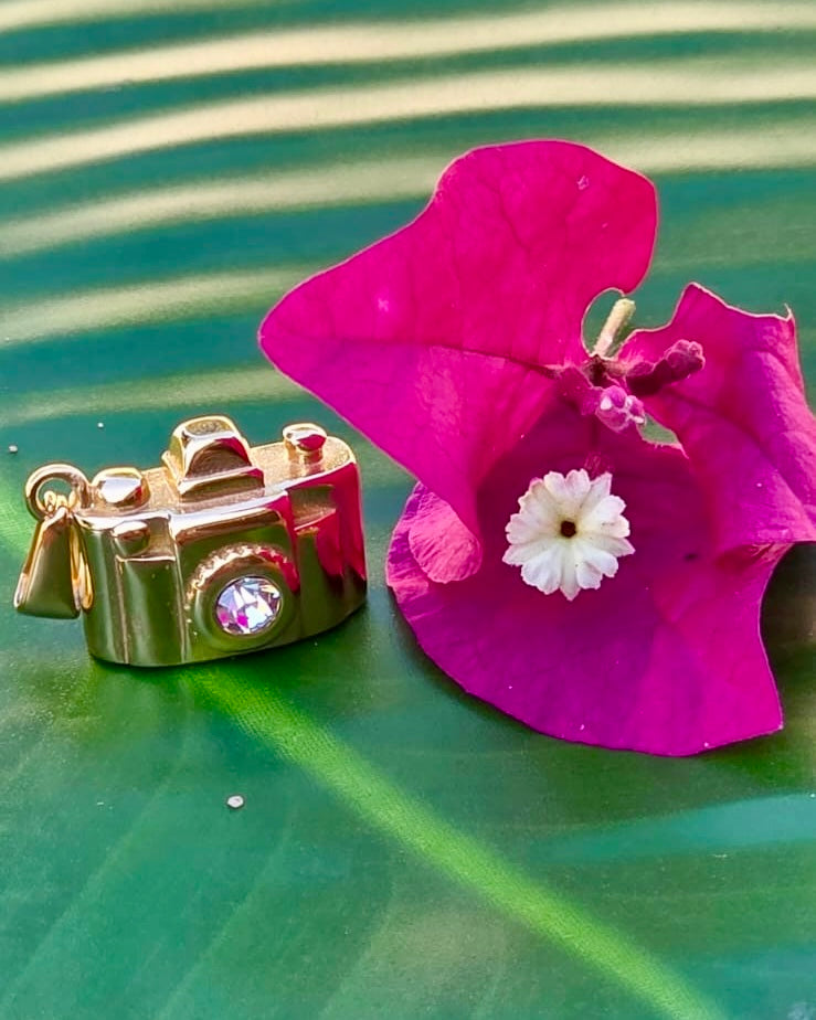 Gold stainless steel camera charm with a sparkling rhinestone lens, approximately one inch wide and bold in design.