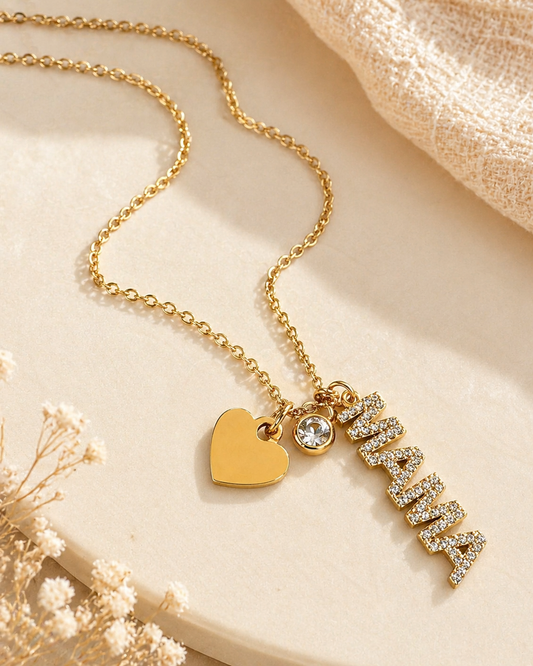 Gold Stainless Steel “Mama” Rhinestone Necklace with Heart Charm