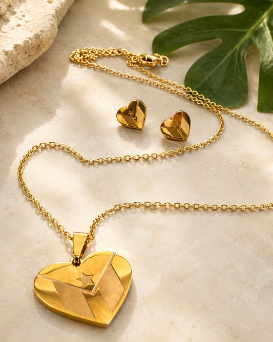 Puerto Rico Gold Flag Stainless Steel Jewelry Set – Heart Design (18” Necklace)