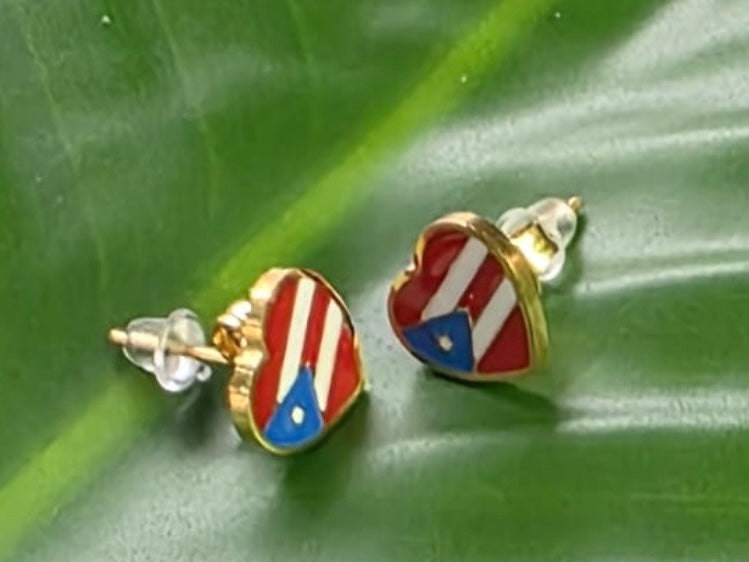 Stainless Steel Heart Stud Earrings with Puerto Rico Flag – Silver or Gold