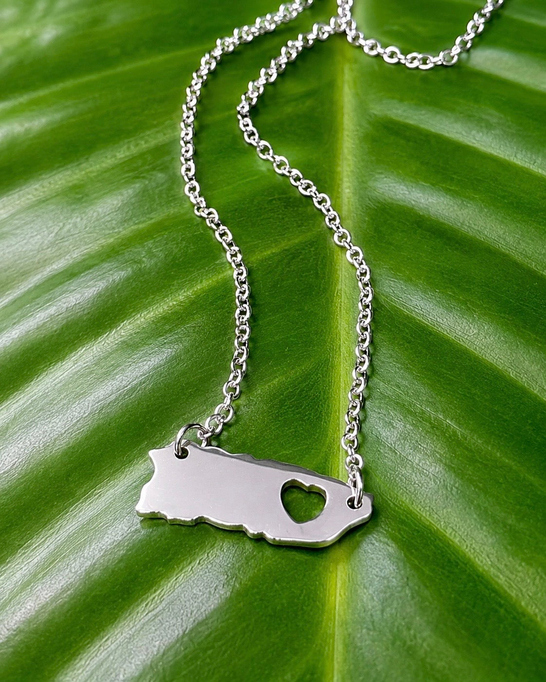 Puerto Rico Map Necklace with Heart – Stainless Steel (17”)