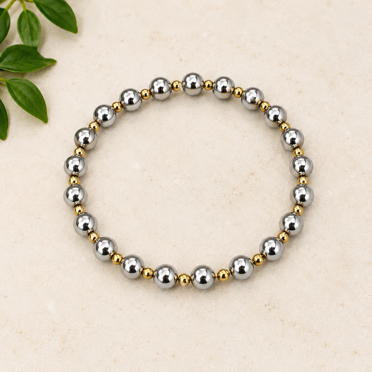 Two-Tone 6mm Stainless Steel Bead Bracelet