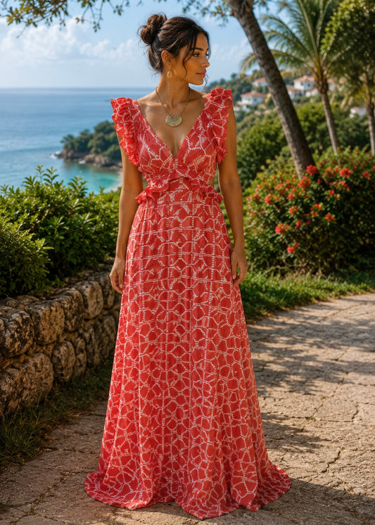 Long Dress Summer- Coral & Yellow