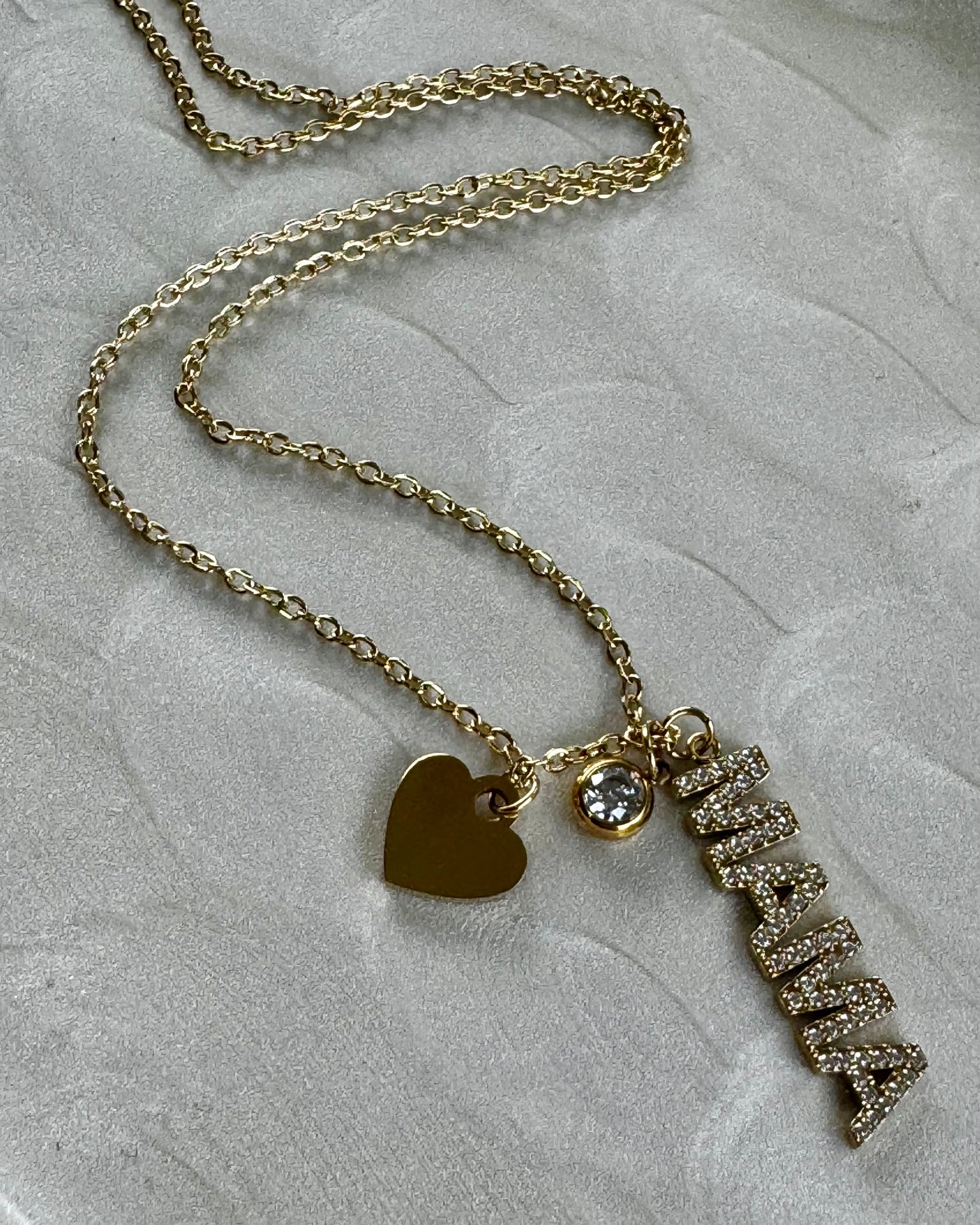 Gold Stainless Steel “Mama” Rhinestone Necklace with Heart Charm