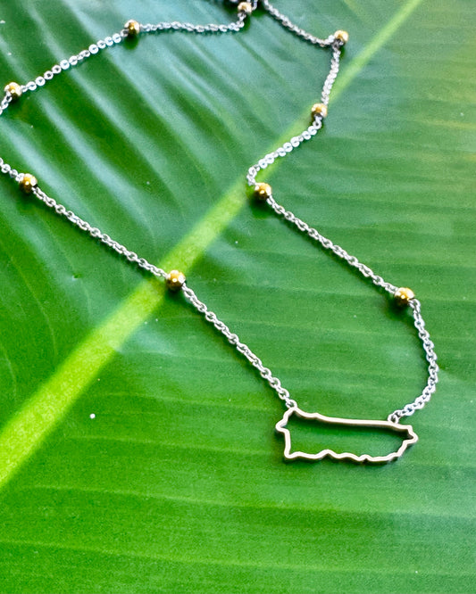Puerto Rico Silhouette Two-Tone Stainless Steel Necklace with Gold Beads – 17”