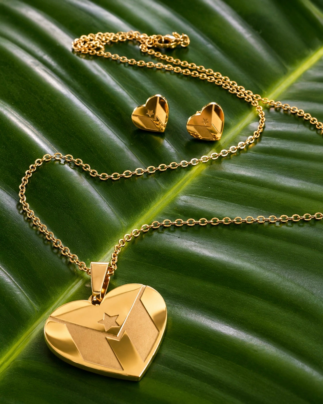 Puerto Rico Gold Flag Stainless Steel Jewelry Set – Heart Design (18” Necklace)