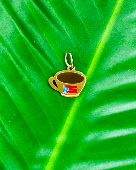 Gold stainless steel Tacita de Café charm featuring the Puerto Rico flag, symbolizing Puerto Rican heritage.