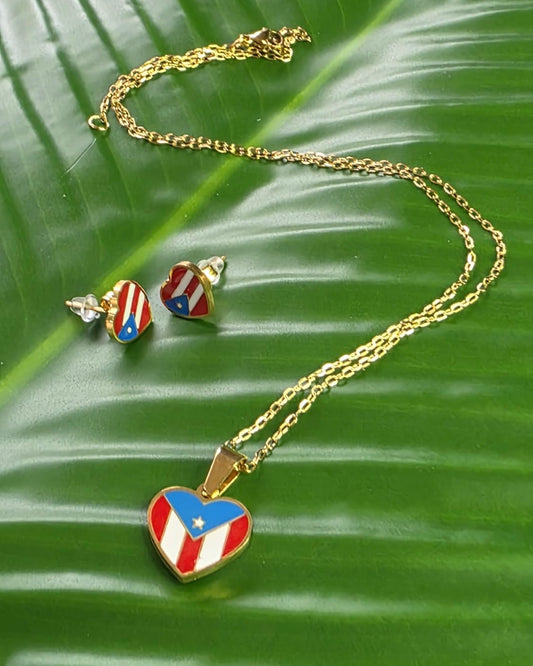 Stainless Steel Heart Stud Earrings with Puerto Rico Flag – Silver or Gold