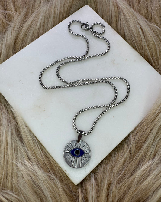 Blue Stainless Steel Evil Eye Necklace