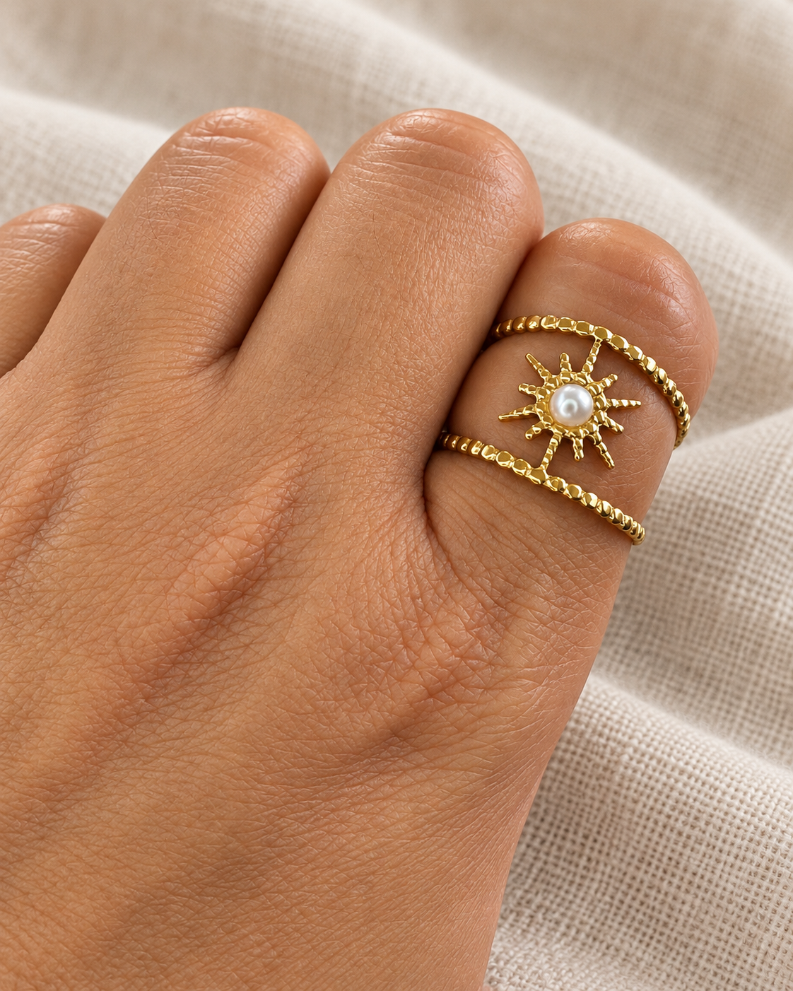 Sunburst & Pearl Adjustable Stainless Steel Ring