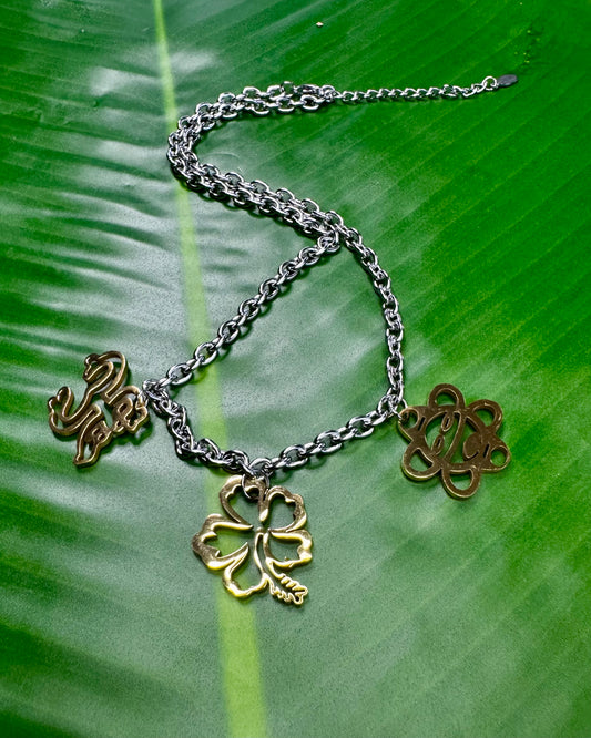 Two-tone Puerto Rican necklace with Coquí, Flor de Maga, and Sol Taíno charms on a stainless steel chain.