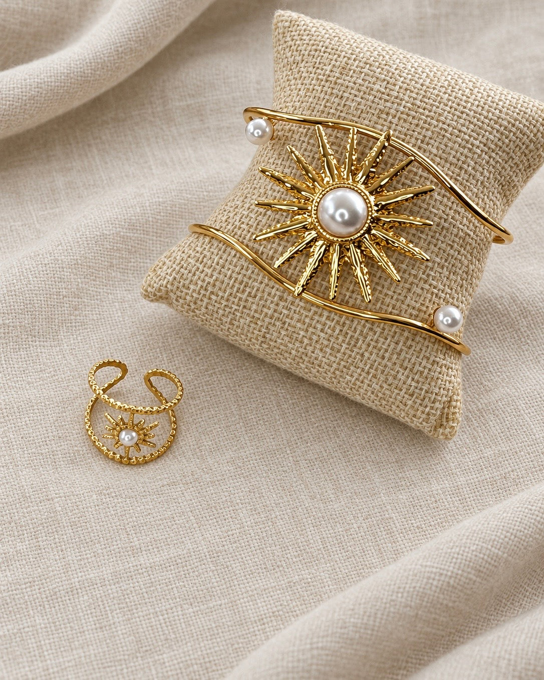 Sunburst & Pearl Stainless Steel Cuff Bracelet