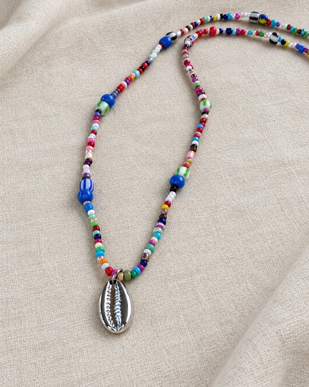 Multicolor Beaded Necklace with Stainless Steel Shell Pendant
