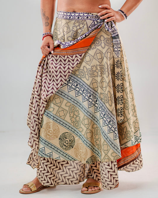 Two-layer wraparound skirt in lightweight polyester with colorful boho prints