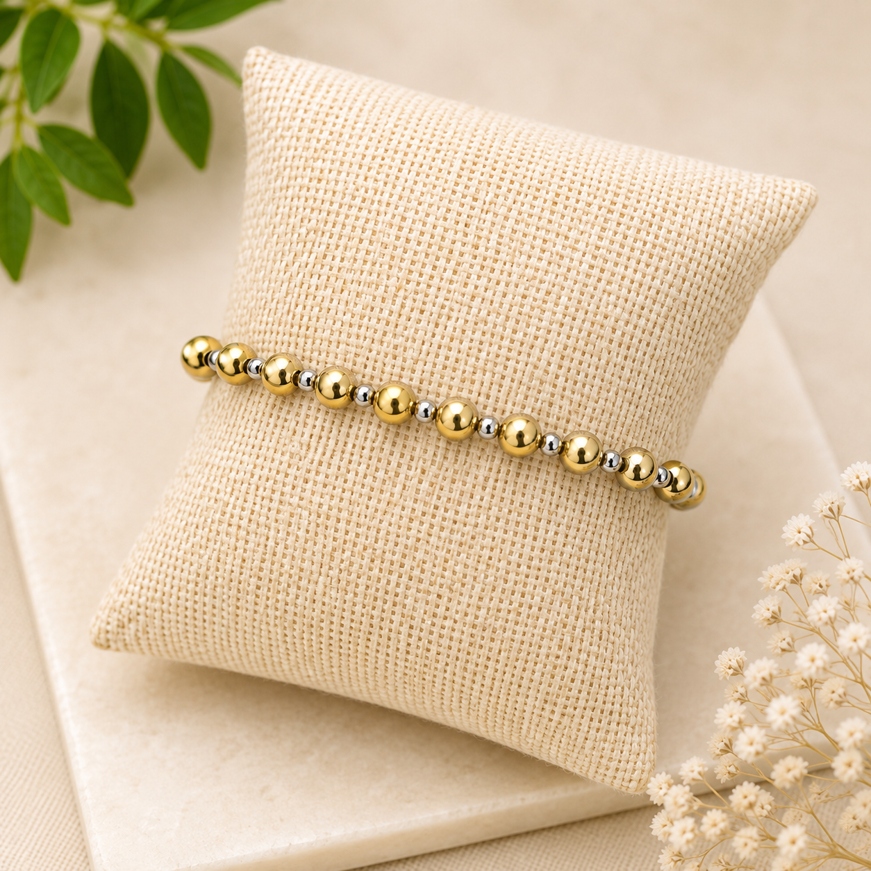 Two-Tone 6mm Stainless Steel Bead Bracelet