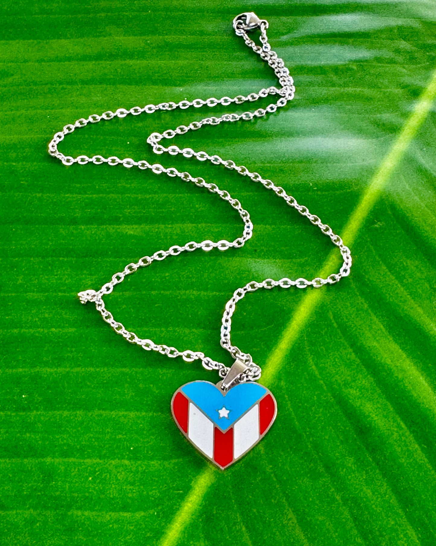 17½-inch stainless steel necklace with heart-shaped charm displaying the Puerto Rico flag, symbolizing love and pride for the island.